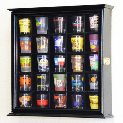 25 Shot Glass Shotglass Display Case Cabinet Holder Wall Rack w/Lockable Door   232354681925